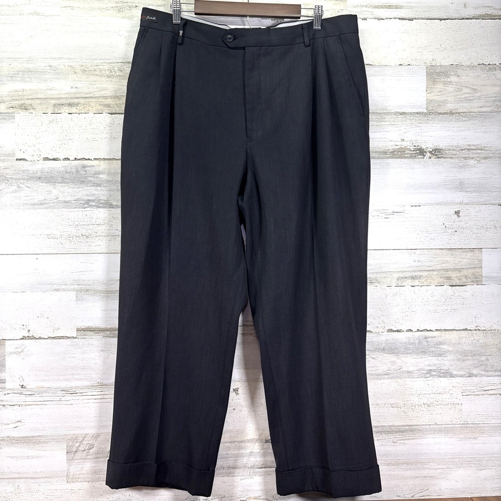 Eddie Domani Dark Gray Super 120s Fratelli Wool Pleated Cuffed Dress Pants 37x27
